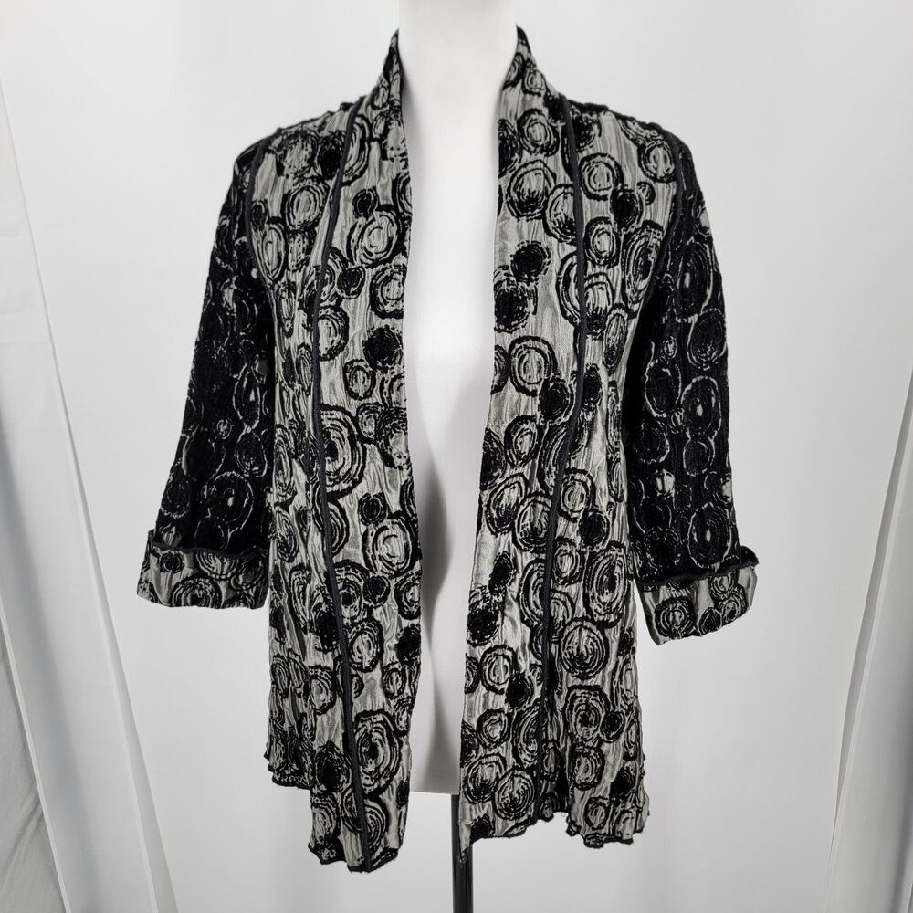 IC by Connie K Jacket Womens Small Black Gray Textured Abstract Open Front
